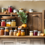 An image showcasing a pristine, organized kitchen pantry filled with vibrant, fresh fruits and vegetables, glass jars filled with nuts and seeds, and shelves neatly stacked with raw food ingredients and superfoods