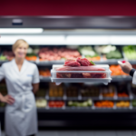 An image showcasing a commercial refrigerator packed with neatly arranged, labeled containers of vibrant, fresh produce, raw meats, and seafood