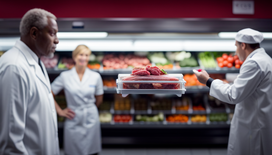 An image showcasing a commercial refrigerator packed with neatly arranged, labeled containers of vibrant, fresh produce, raw meats, and seafood