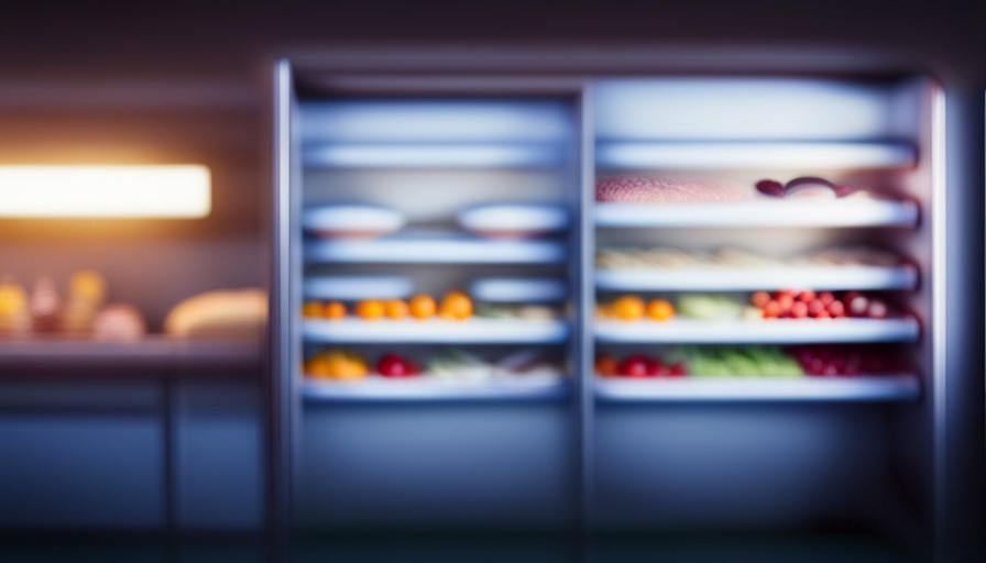 An image showcasing a spacious, well-organized commercial refrigerator, with labeled shelves neatly storing various raw ingredients like vibrant vegetables, succulent meats, and fresh seafood, highlighting the importance of proper raw food storage in a restaurant