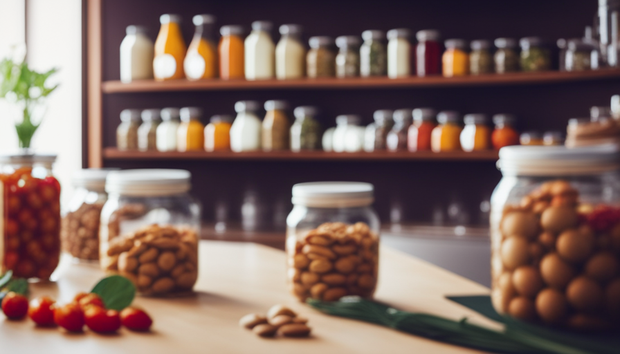 An image depicting a spacious, well-organized pantry with neatly stacked glass jars filled with vibrant fruits and vegetables, sealed bags of nuts, and bundles of fresh herbs, showcasing the ideal storage methods for raw food