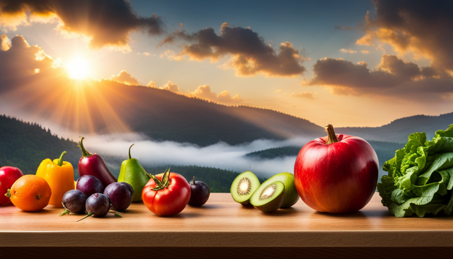An image showcasing a colorful array of fresh, organic fruits, vegetables, and leafy greens