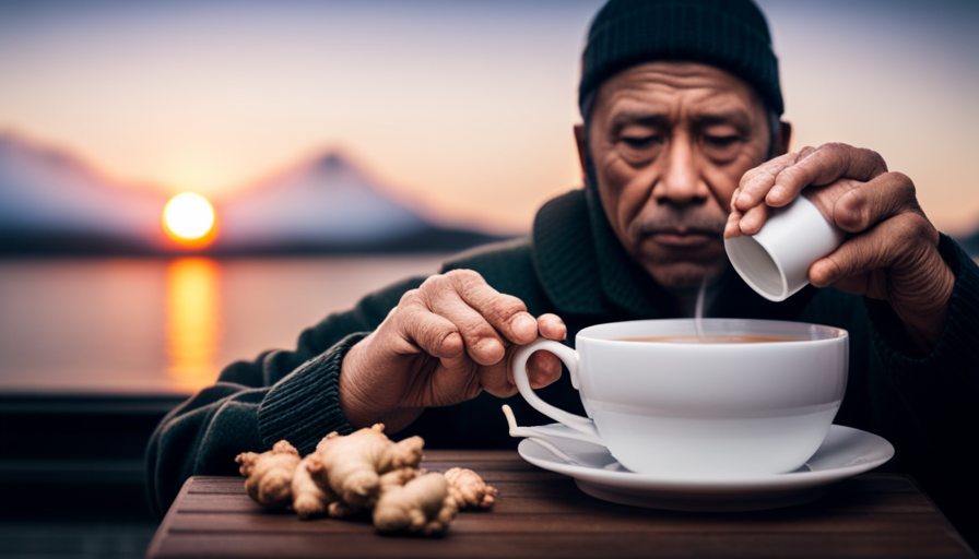 An image showcasing a person holding a soothing cup of warm ginger tea, steam rising from it