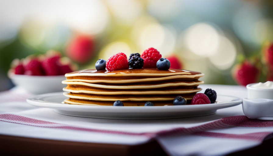 An image showcasing a drizzle of golden raw honey gracefully enveloping a stack of fluffy pancakes, with vibrant berries bursting with freshness and a dollop of creamy yogurt adorning the top