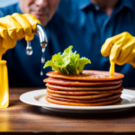 An image of a pair of hands wearing yellow rubber gloves, holding a stack of greasy, raw-food stained plates, with water pouring from a faucet onto them