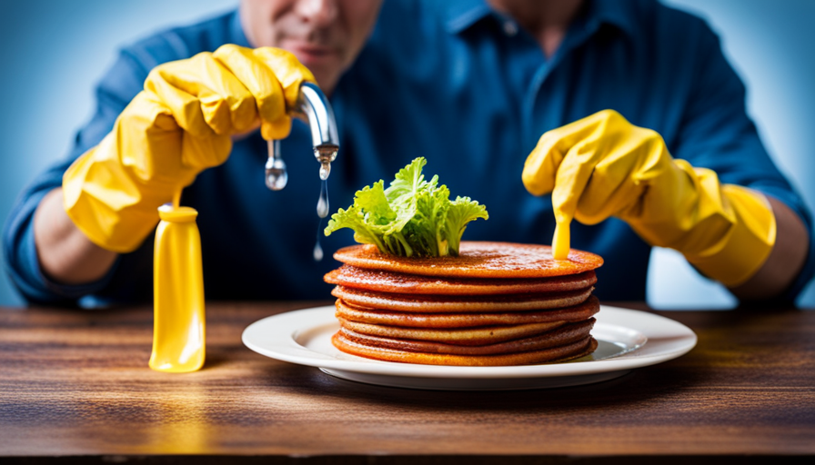 An image of a pair of hands wearing yellow rubber gloves, holding a stack of greasy, raw-food stained plates, with water pouring from a faucet onto them
