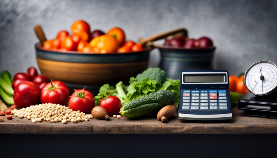 An image showcasing a variety of fresh produce, a weighing scale, and a calculator