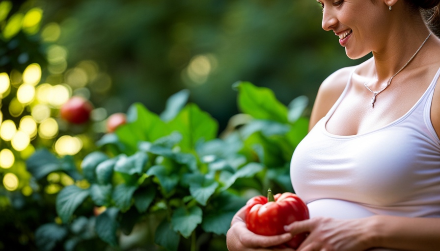 An image capturing the essence of a pregnant woman delicately devouring freshly picked organic fruits and vegetables, her radiant smile mirroring the vibrant colors, while surrounded by the lush greenery of a serene garden