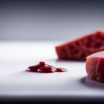 An image showcasing a pristine white kitchen countertop with a small piece of cooked food lying next to a splatter of raw meat juices