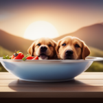 An image showcasing a vibrant bowl filled with a balanced meal for puppies - containing high-quality cooked proteins, nutrient-rich vegetables, and a sprinkle of essential supplements - ensuring their growth, health, and happiness