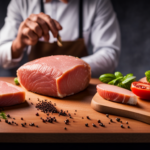 An image of a cutting board with a raw chicken breast placed on one side, while on the other side, a cooked steak sits beside a pile of vegetables, emphasizing the potential cross-contamination and questioning food safety
