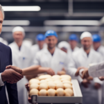 An image showing a person in a tailored suit, confidently shaking hands with a group of food and beverage manufacturing professionals in a modern factory setting, surrounded by raw material samples and machinery