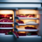 An image showcasing a well-organized refrigerator with raw meat positioned at the lowest level, separated from other food items by a sturdy barrier to prevent cross-contamination