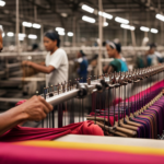 An image showcasing a bustling textile factory in a resource-deficient country, with rows of intricate looms, skilled workers diligently weaving colorful fabrics, and stacks of vibrant textiles ready for export