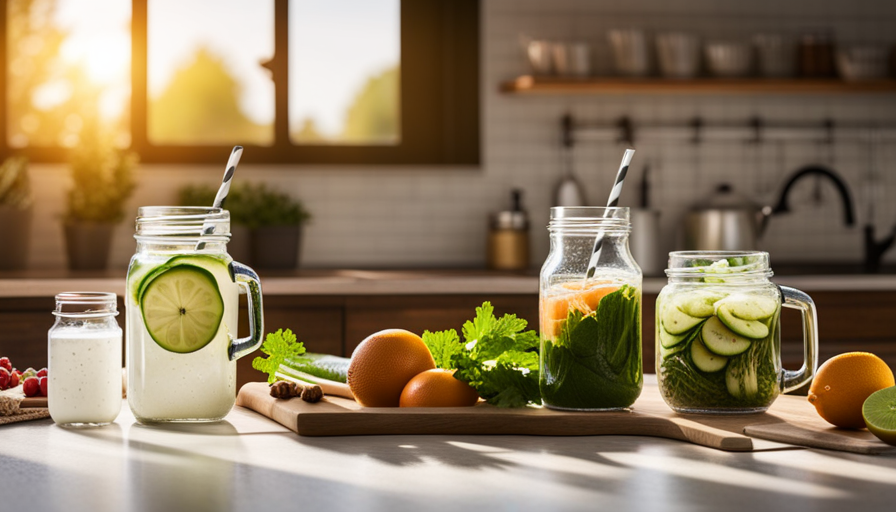 An image showcasing a serene, sun-drenched kitchen counter lined with an assortment of vibrant fruits, leafy greens, and jars of homemade nut milk