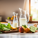 An image showcasing a serene, sun-drenched kitchen counter lined with an assortment of vibrant fruits, leafy greens, and jars of homemade nut milk