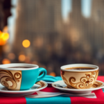 An image showcasing the vibrant world of Cuban coffee: a small café table adorned with a richly patterned turquoise tablecloth, espresso cups brimming with fragrant colada and cortado, surrounded by the lively bustle of Havana's streets