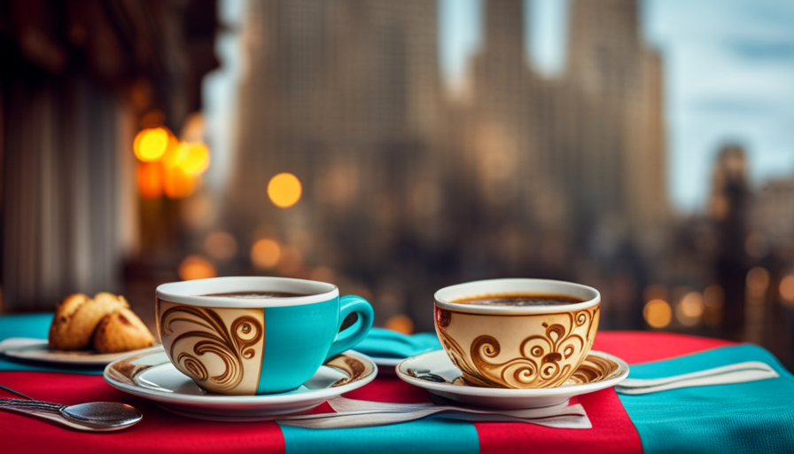 An image showcasing the vibrant world of Cuban coffee: a small café table adorned with a richly patterned turquoise tablecloth, espresso cups brimming with fragrant colada and cortado, surrounded by the lively bustle of Havana's streets