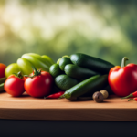 An image that showcases a vibrant assortment of fresh vegetables, fruits, and leafy greens beautifully arranged on a wooden cutting board, highlighting their natural colors, textures, and nutritional benefits