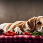 An image capturing a small, contented dog lying peacefully on a plush bed, surrounded by vibrant raw vegetables and meat