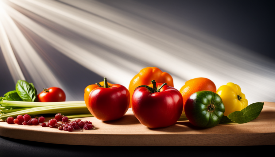 An image showcasing a variety of vibrant fruits and vegetables, sliced and arranged on a wooden cutting board