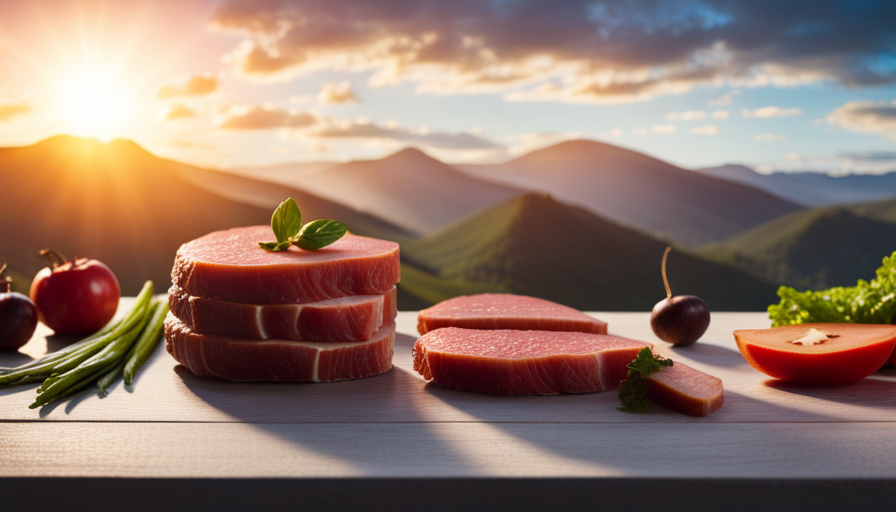 An image showcasing a vibrant assortment of fresh, uncooked meats, vegetables, and fruits meticulously arranged in a dog-shaped silhouette