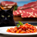 An image showcasing a majestic feline, poised in front of a vibrant assortment of raw, nutrient-rich meats, fresh fish, and colorful vegetables