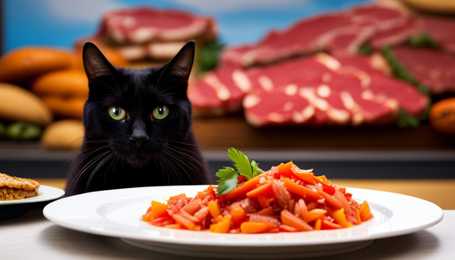An image showcasing a majestic feline, poised in front of a vibrant assortment of raw, nutrient-rich meats, fresh fish, and colorful vegetables
