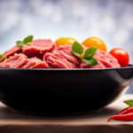 An image showcasing a vibrant, overflowing bowl filled with an assortment of fresh, colorful raw ingredients like raw meat, vegetables, and fruits, enticingly displayed to explore the question: Is raw food beneficial for dogs? --v 5
