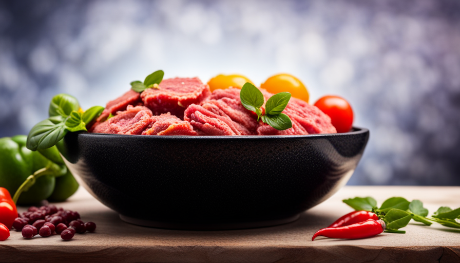 An image showcasing a vibrant, overflowing bowl filled with an assortment of fresh, colorful raw ingredients like raw meat, vegetables, and fruits, enticingly displayed to explore the question: Is raw food beneficial for dogs? --v 5