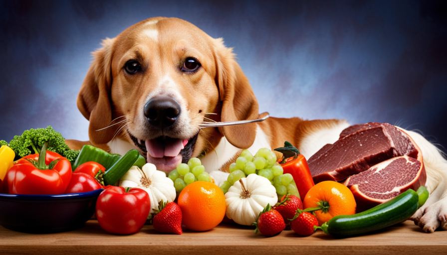 An image showcasing a contented, vibrant dog devouring a meticulously prepared bowl of fresh, uncooked ingredients, surrounded by an assortment of colorful fruits, vegetables, and organ meats, highlighting the safety of raw food for canines