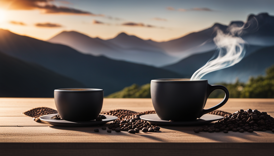 An image showcasing the sleek, matte black Ember Coffee Mug 2 on a wooden table, surrounded by wisps of steam rising from a perfectly brewed cup of coffee