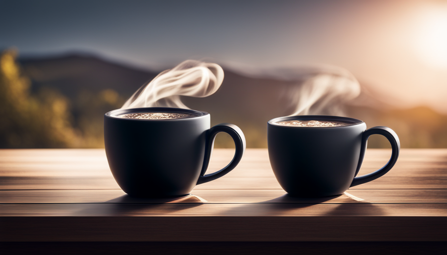 An image showcasing the sleek, matte black Ember Coffee Mug 2 on a wooden table, surrounded by wisps of steam rising from a perfectly brewed cup of coffee