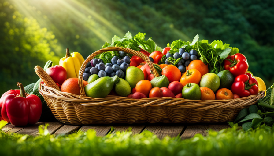 An image showcasing an overflowing basket of vibrant, organic fruits and vegetables, juxtaposed against a backdrop of lush, thriving greenery