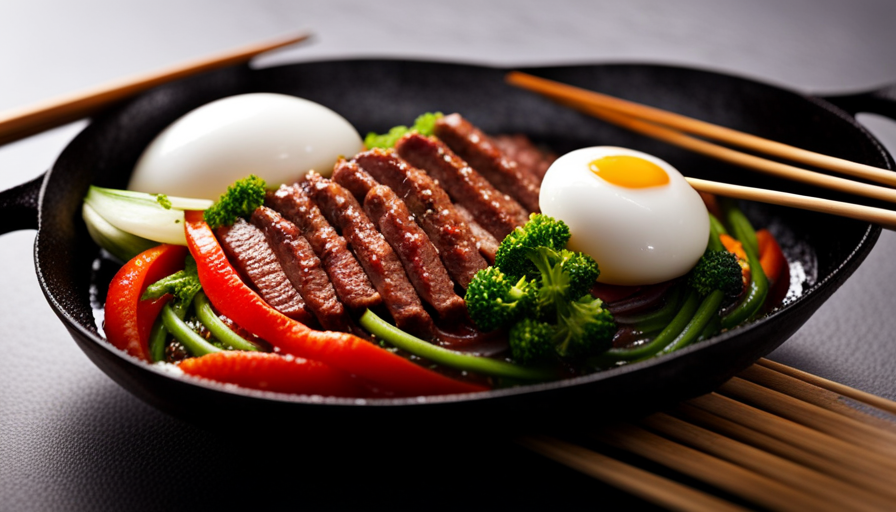 An image capturing the essence of Japanese cuisine, showcasing a sizzling hot pan filled with thinly sliced beef, crisp vegetables, and a raw egg perfectly cracked on top, ready to envelop the dish in rich, velvety goodness
