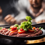 An image capturing the essence of Japanese cuisine, showcasing a sizzling hot pan filled with thinly sliced beef, crisp vegetables, and a raw egg perfectly cracked on top, ready to envelop the dish in rich, velvety goodness