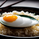 An image capturing the essence of a traditional Japanese meal, showcasing a steaming bowl of sumptuous rice topped with a raw, golden-yolked egg gently cascading over it, creating a delectable harmony of flavors