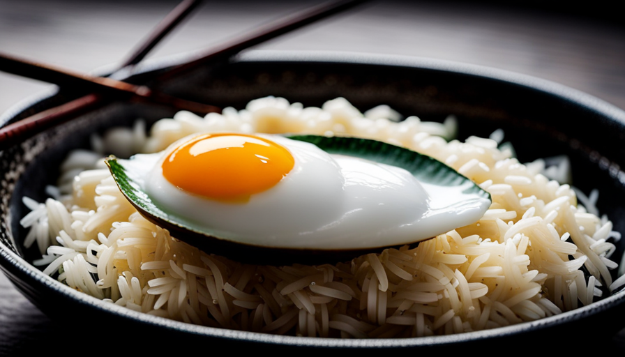 An image capturing the essence of a traditional Japanese meal, showcasing a steaming bowl of sumptuous rice topped with a raw, golden-yolked egg gently cascading over it, creating a delectable harmony of flavors
