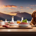 An image showcasing a balanced meal with precise portions of kibble and raw food, incorporating various ingredients like meat, fruits, and vegetables