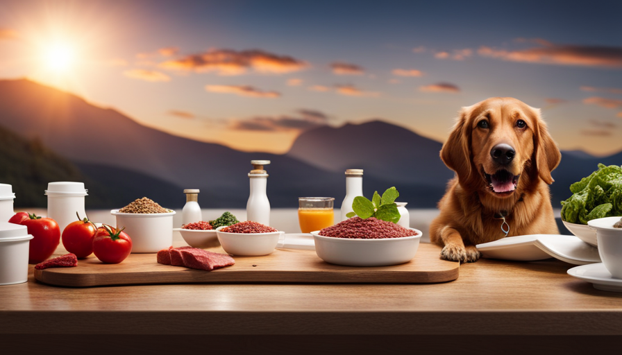 An image showcasing a balanced meal with precise portions of kibble and raw food, incorporating various ingredients like meat, fruits, and vegetables