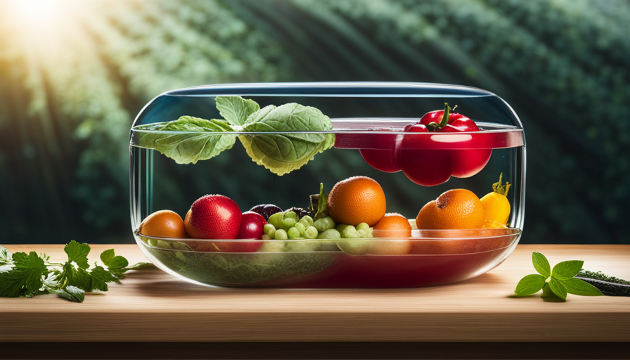 An image depicting a diverse plate of fresh fruits, vegetables, and leafy greens surrounded by a transparent barrier