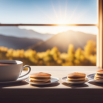 An image that showcases a cozy morning scene: a steaming cup of low acid coffee, surrounded by a stack of fluffy pancakes drizzled with maple syrup