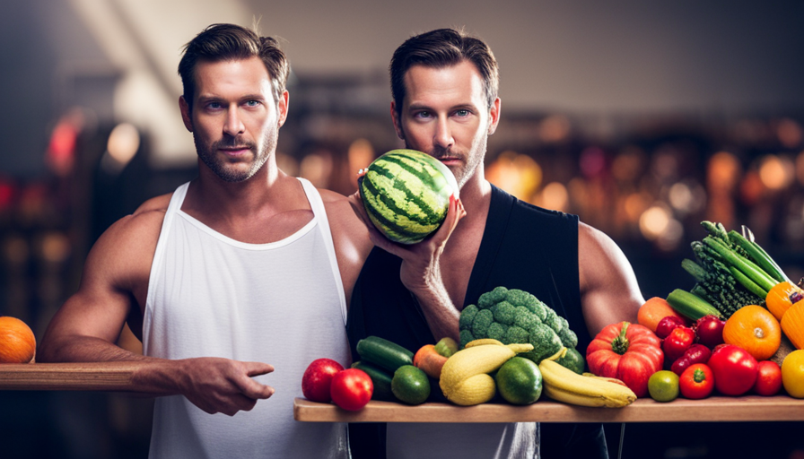 An image capturing a man with vibrant green eyes and a chiseled jaw, his hands delicately holding a luscious, ripe watermelon slice, surrounded by an assortment of vibrant, fresh fruits and vegetables