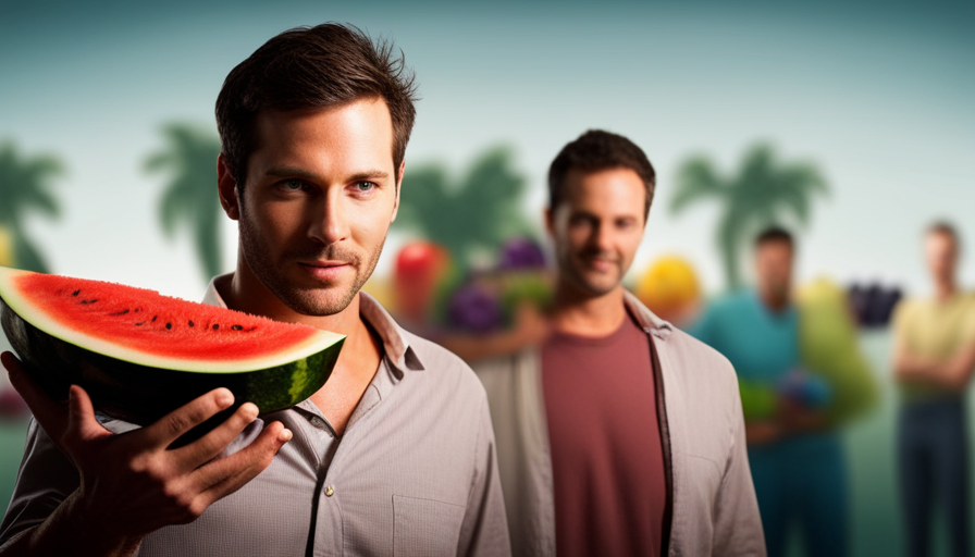 An image capturing a man with vibrant green eyes and a chiseled jaw, his hands delicately holding a luscious, ripe watermelon slice, surrounded by an assortment of vibrant, fresh fruits and vegetables