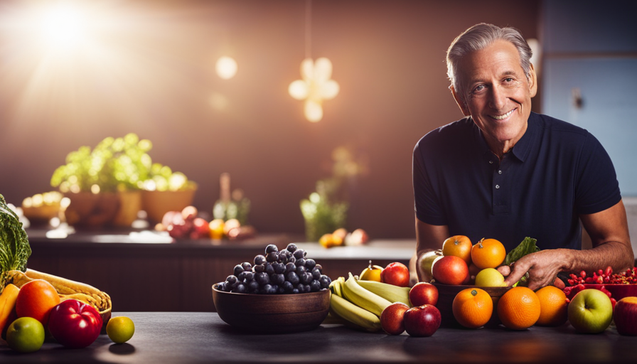 An image showcasing a determined man sitting at a vibrant, sunlit table, surrounded by an array of colorful fruits, vegetables, and leafy greens