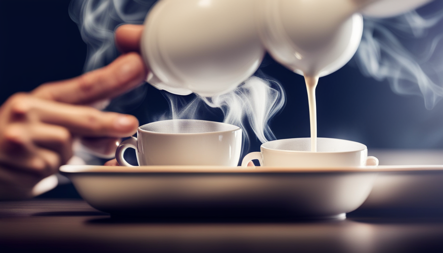 An image showcasing a barista's hand skillfully pouring steamed milk into a porcelain cup, forming a velvety texture with delicate microfoam, while a faint wisp of steam rises in the background