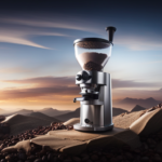 An image showcasing the Mazzer Omega: A sleek, stainless steel manual coffee grinder with a large, precision-cut burr and a sturdy, adjustable handle, emitting a rich aroma of freshly ground coffee beans
