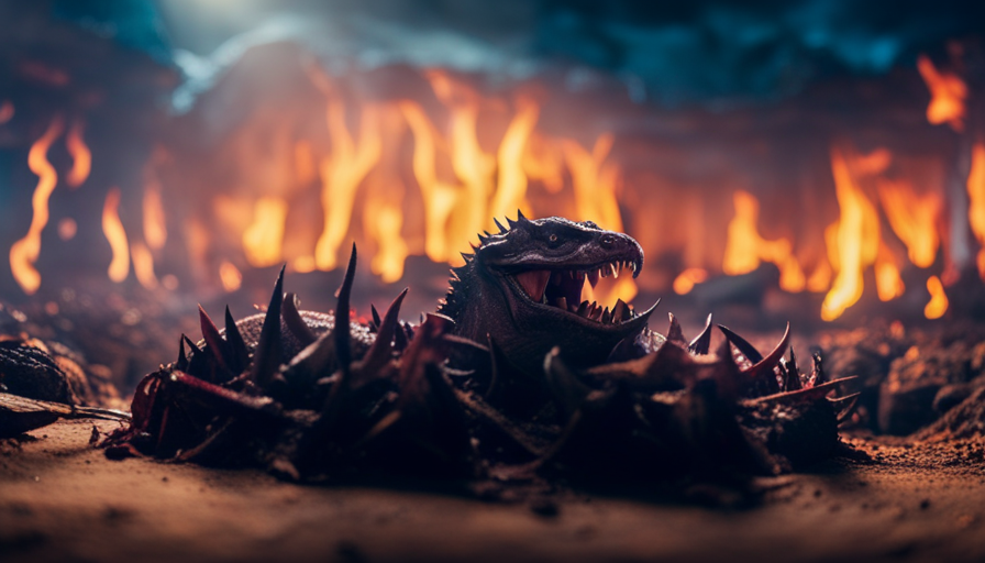 An image showcasing a dimly lit cave, where monstrous creatures with sharp claws and fangs gather around a charred bonfire, feasting on raw, bloody meat dripping with primal savagery