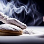 An image depicting a gloved fast food worker, hands covered in white flour, skillfully kneading raw dough on a clean, stainless steel countertop, ensuring hygiene and food safety regulations are met