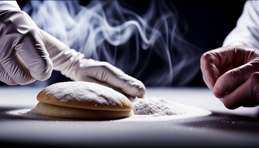 An image depicting a gloved fast food worker, hands covered in white flour, skillfully kneading raw dough on a clean, stainless steel countertop, ensuring hygiene and food safety regulations are met